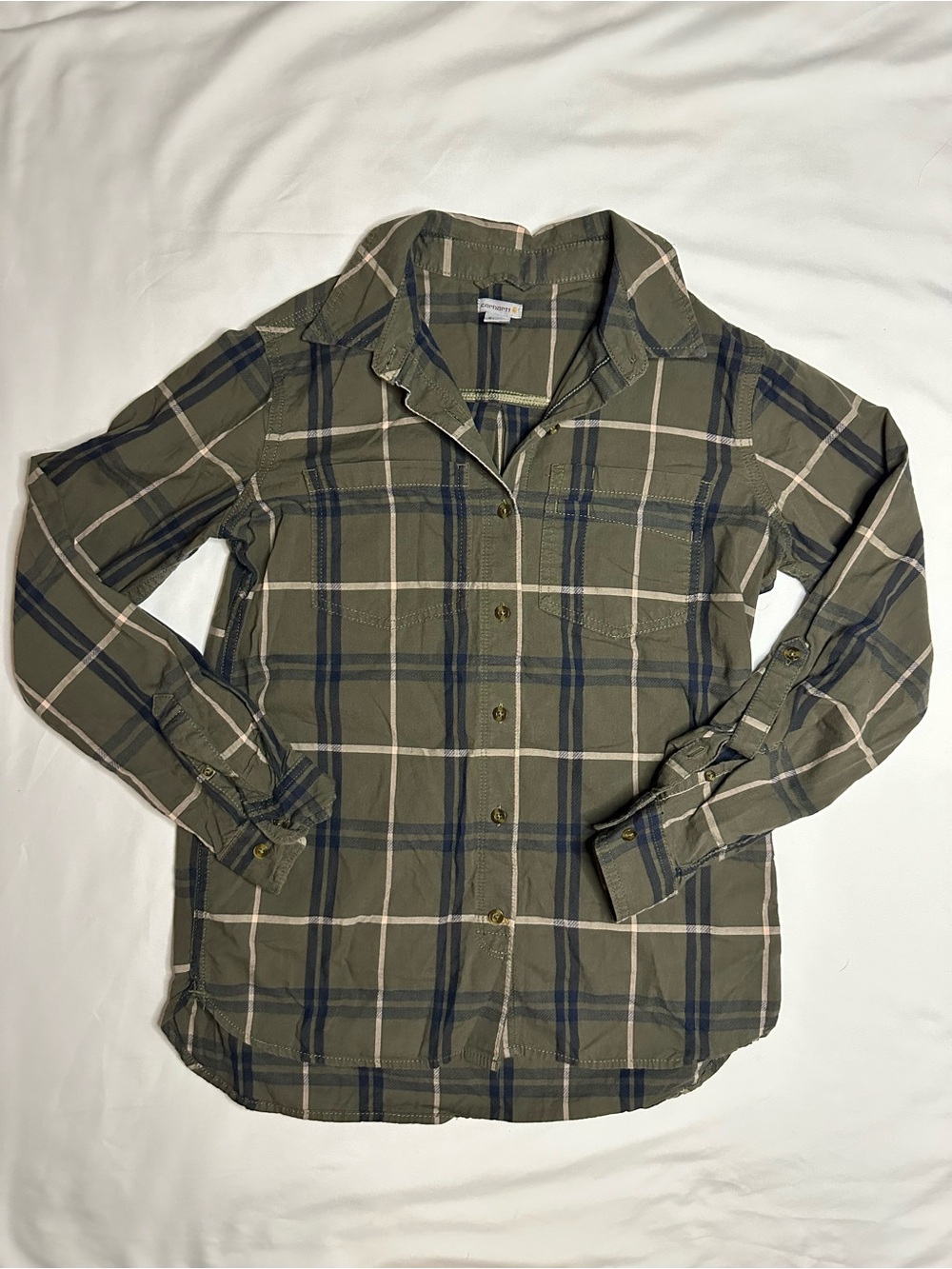 Carhartt green, white, and navy blue plaid button-up shirt